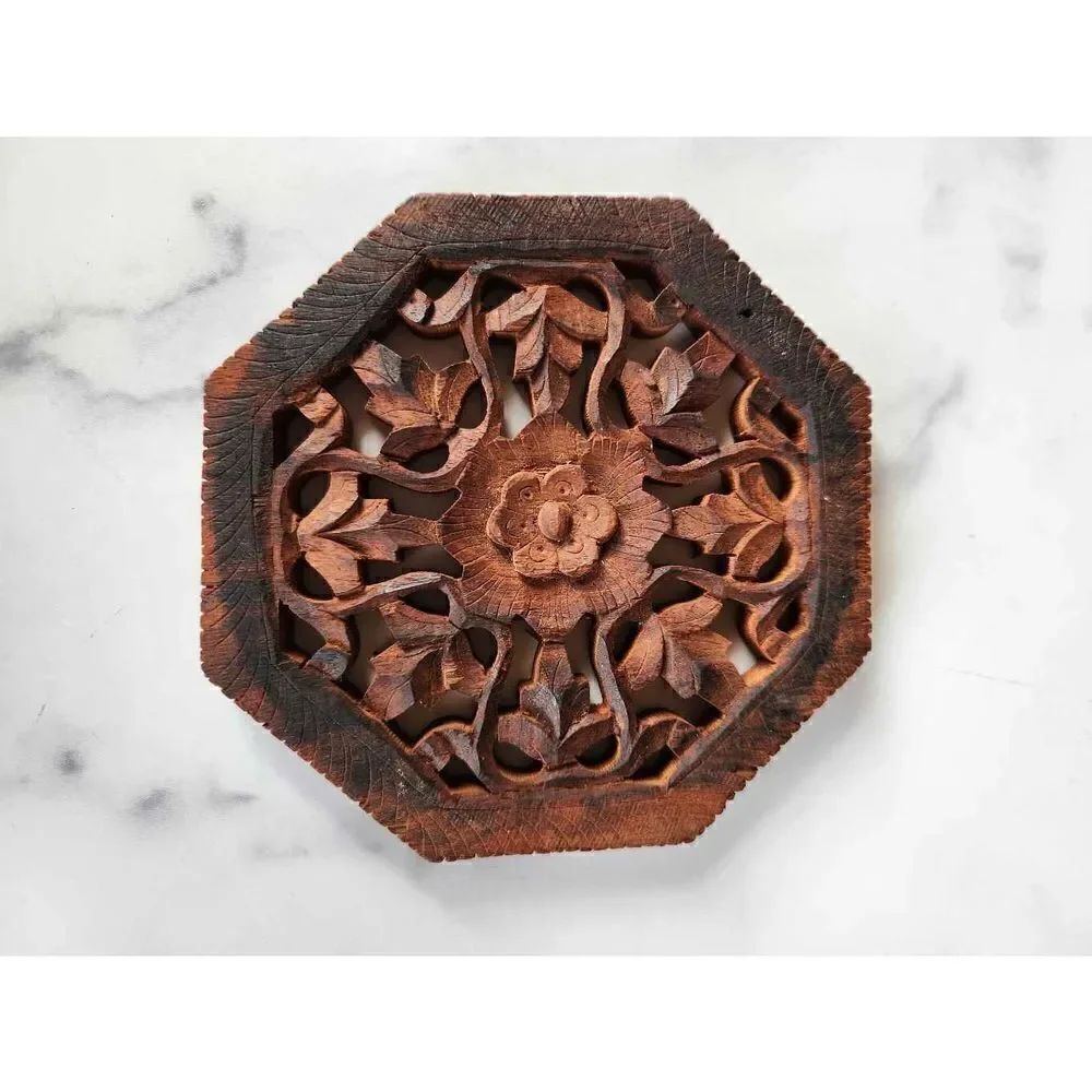 Indian wooden brown hot plate floral ornate carved home decor